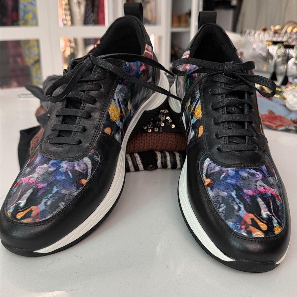 Robert Graham Men's Black Multicolor Patterned Leather-Trim Sneakers
